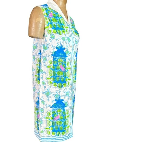 Vintage 60s Mod Birdcage Print Button Up Sleeveless Shift Dress #204L - Picture 2 of 7